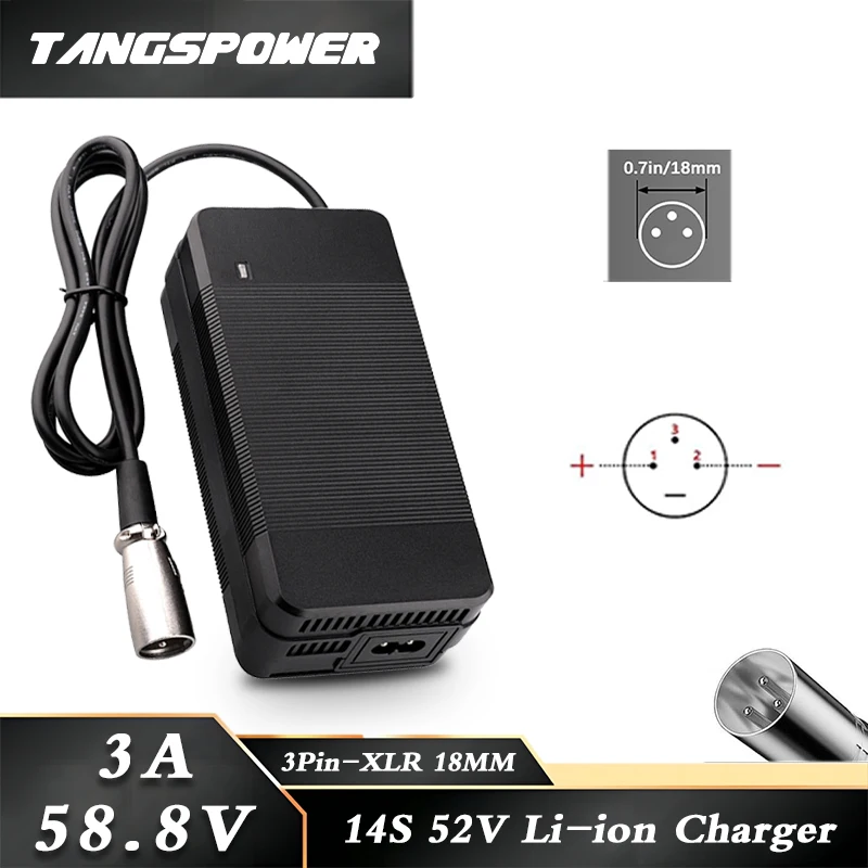 

58.8V 3A Lithium Battery Charger For 14S 52V Li-ion Battery Pack Fast Charging 3Pin-XLR Connector With Cooling Fan High quality