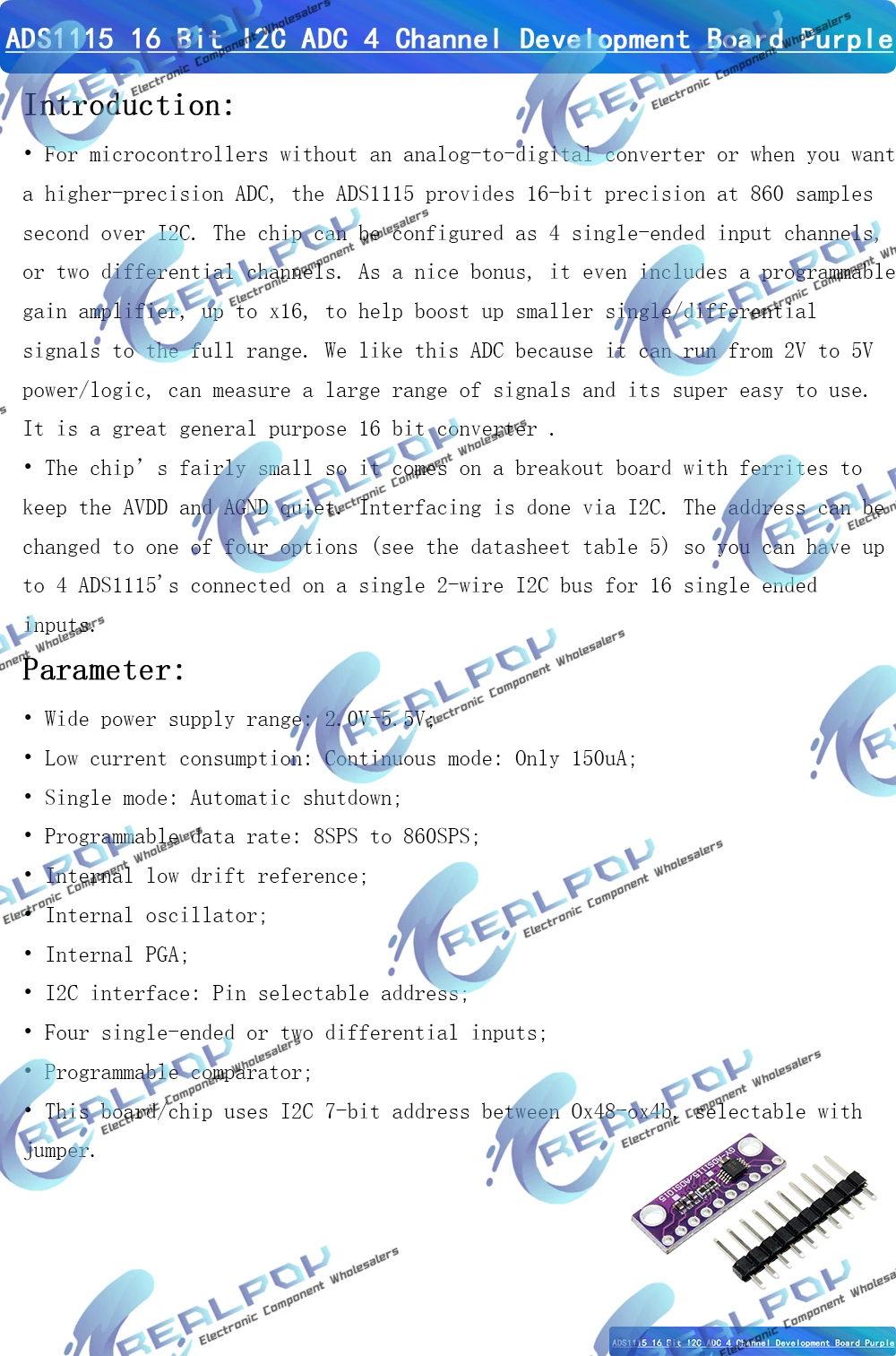 ADS1115 16-Bit-I2C-Modul Präzisions-ADC 4-Kanal-Entwicklungsboard Pro-Verstärker 2,0V bis 5,5V für Arduino RP – Detail 2