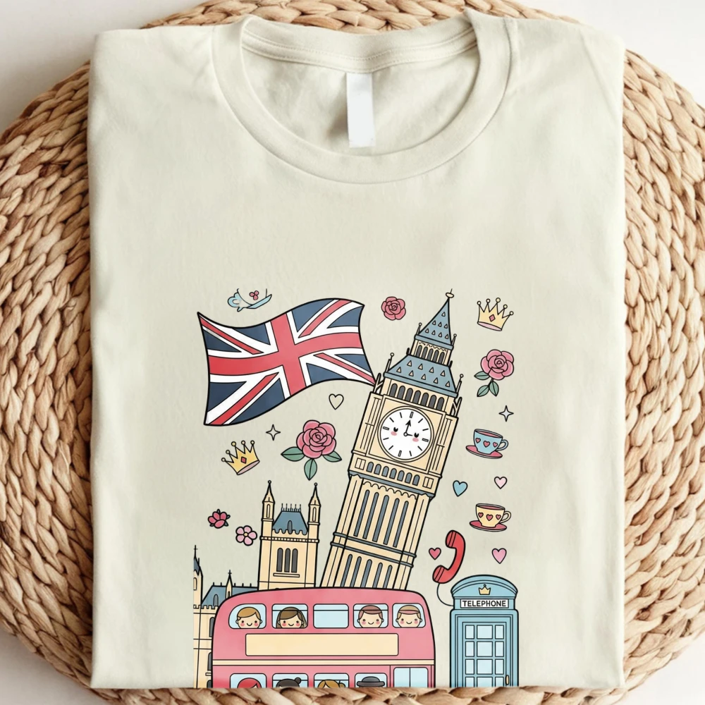Funny Cute Pink London Bus Graphic Tee Big Ben Tower Skyline Travel Illustration Gift Men Women Cotton Casual Tops Fashion Shirt