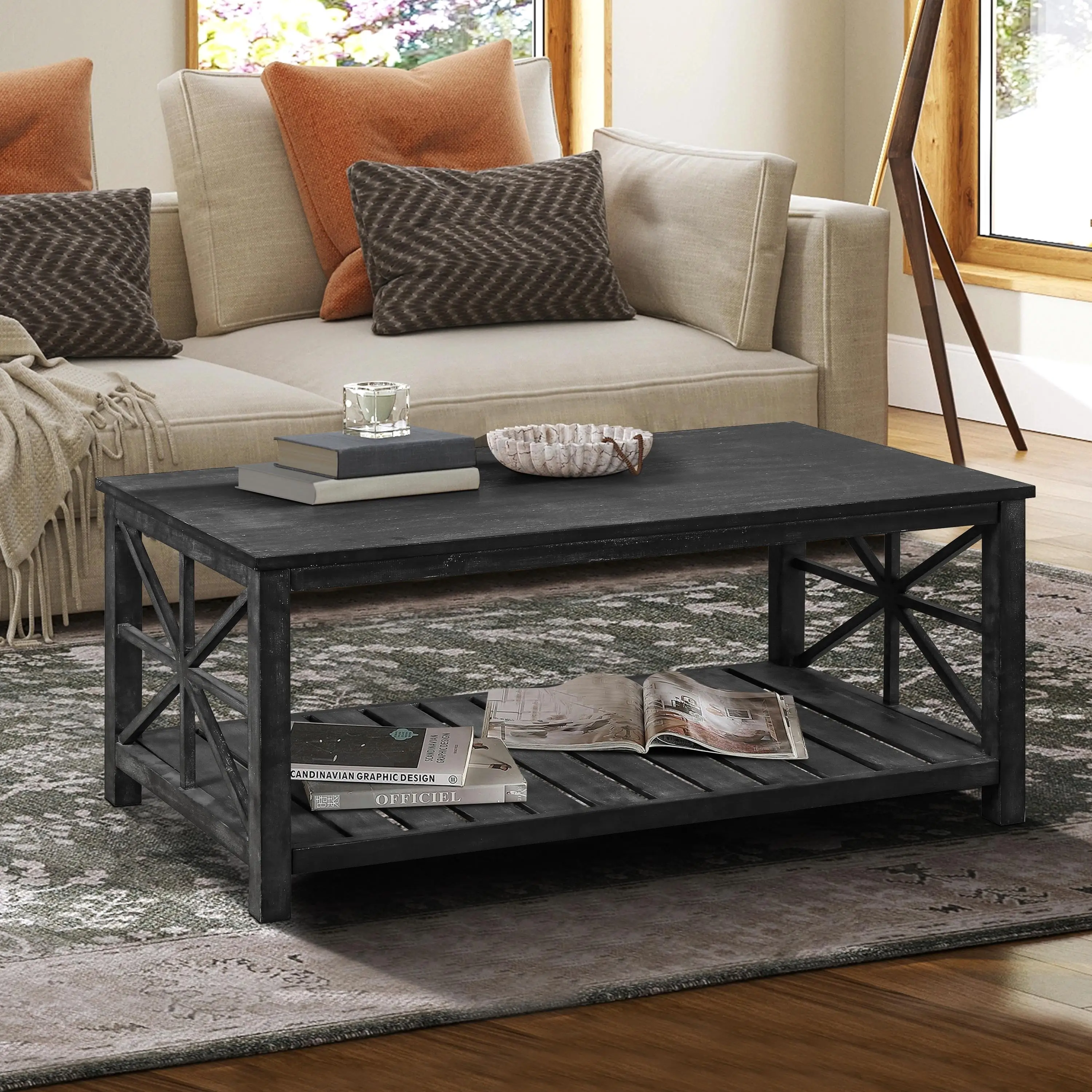 52''W Handcrafted Antique Black Coffee Table for living Room - Perfect for Sofa or Loveseat