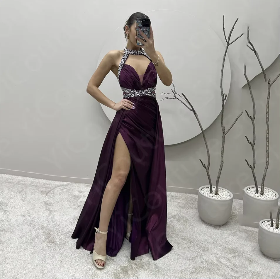 Vestidos de fiesta morados clásicos personalizados, vestidos de noche sin mangas con abertura en el muslo, vestido de fiesta de cumpleaños con cuello Halter, vestido de noche con espalda descubierta