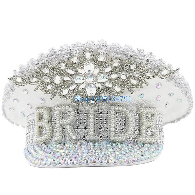 قبعة العروس المذهلة بطول 98 كم، قبعة كابتن مرصعة بأحجار الراين البيضاء، راية BRIDR