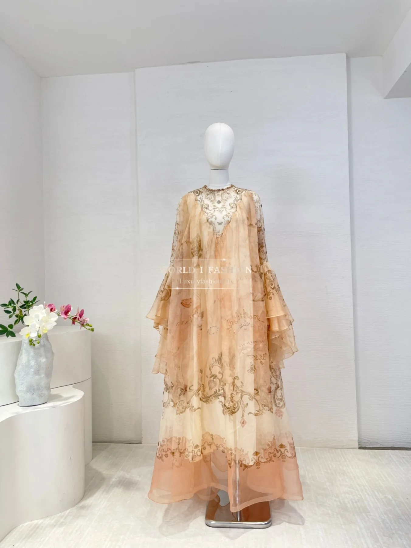 

Woman Clothes High Quality Pink Map Floral Goose Print Long Sleeve Maxi Dress