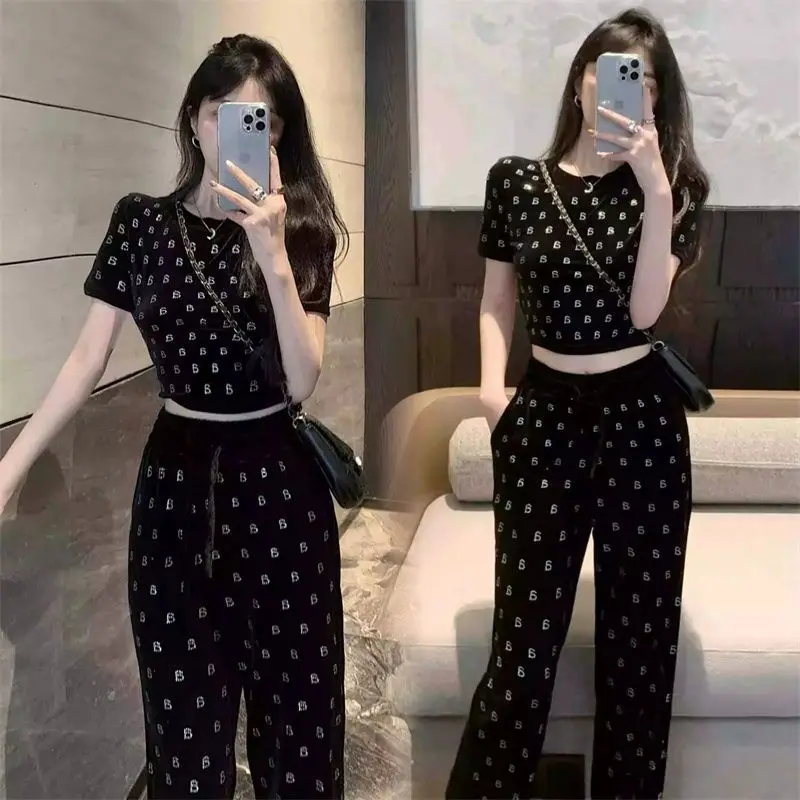 Hong Kong style popular black velvet set for women\'s summer new straight pants casual printed short sleeved top two-piece set