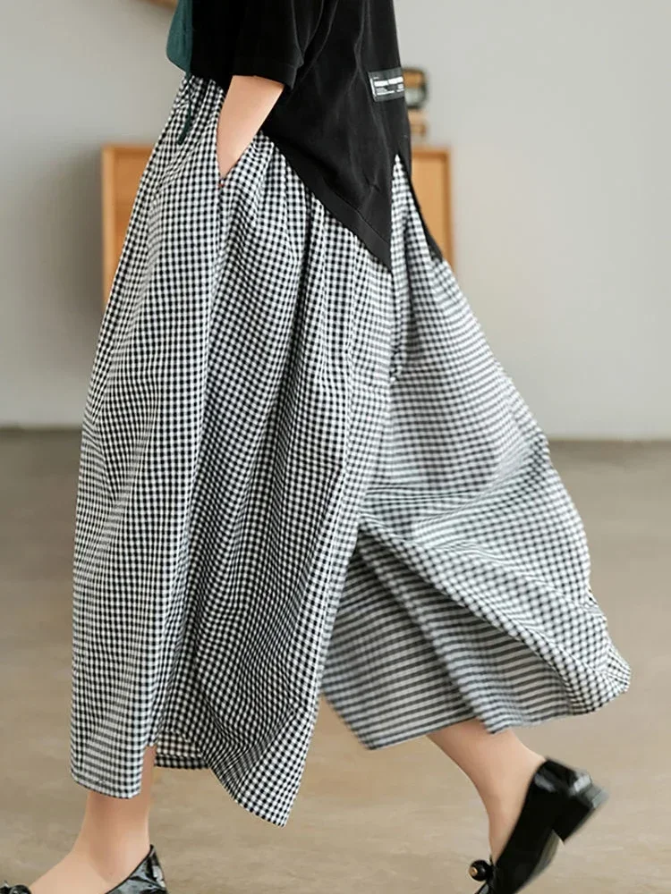 Elegant Woman Dress Plaid Pants Thin Cotton Linen Wide Leg Trousers Women 2024 Summer High Waist Baggy Jogger Pants Sweatpants