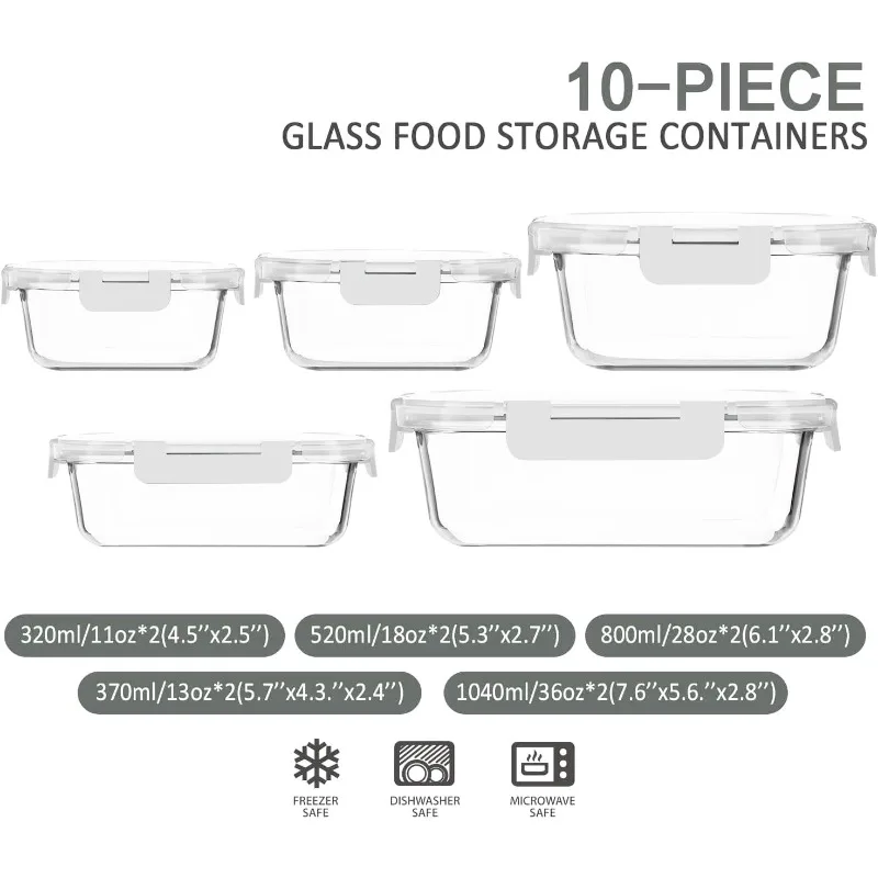 10-Pack Glass Food Storage Container with Lids, Airtight Glass Lunch Bento Boxes, Glass Meal Prep Container,Microwave