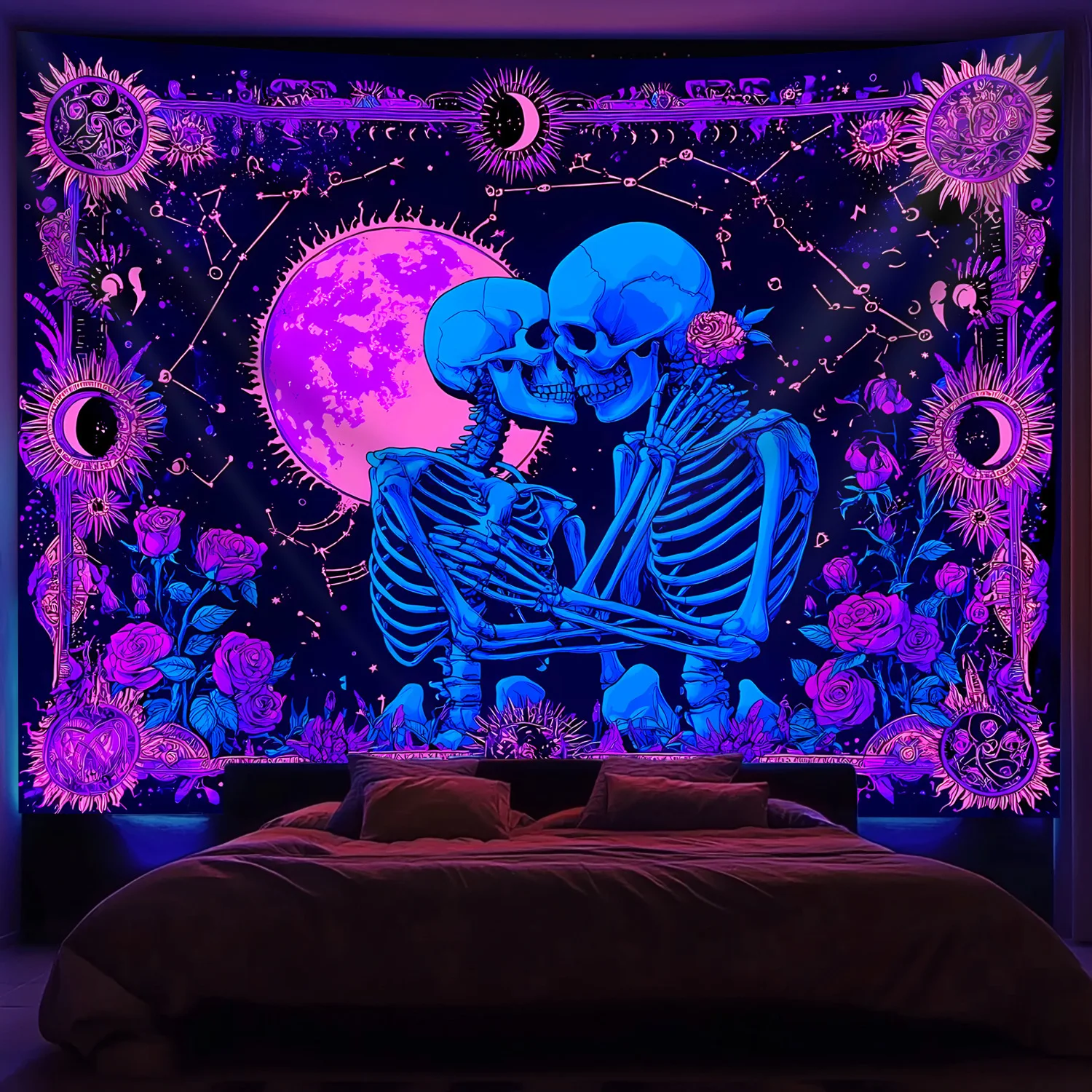 Bohemian Neon Skeleton Couple Tapestry Wall Hanging Cosmic Astrology Moon Stars Roses Decor Polyester Art Backdrop Sheet Poster