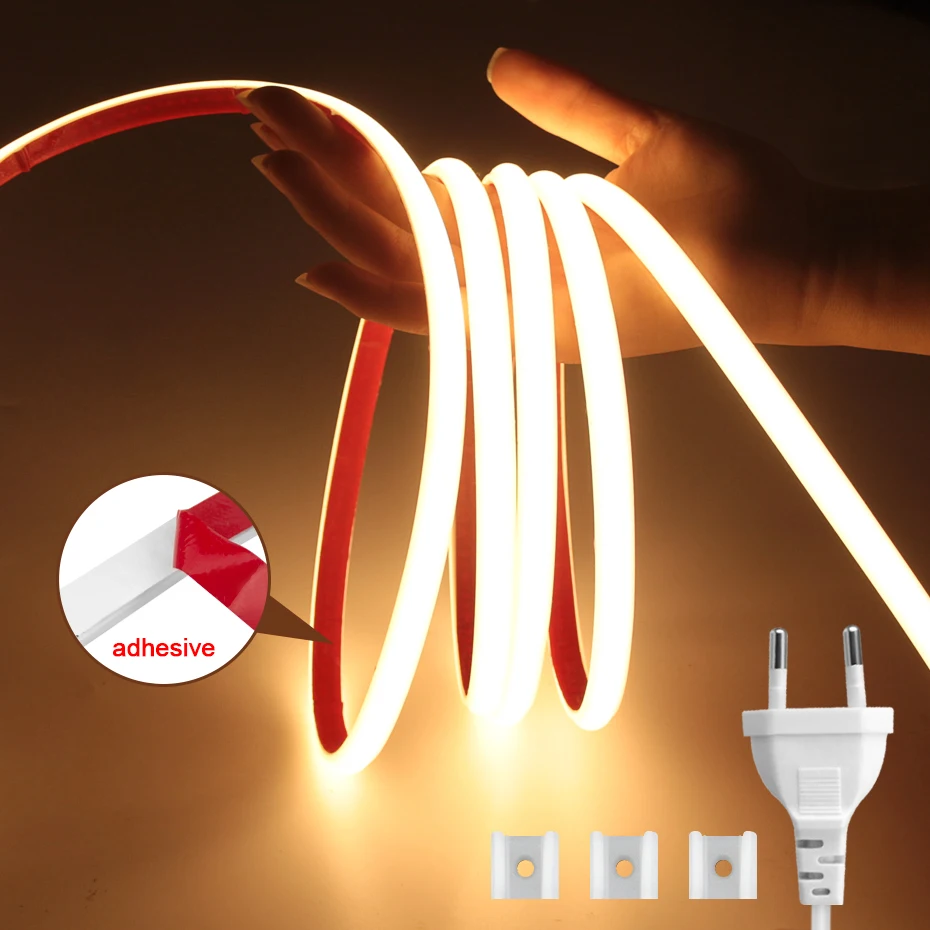 

220 В AU EU Plug COB Светодиодная лента Клейкая светодиодная лента для неоновых огней Водонепроницаемая гибкая лента для лампы Украшение наружного освещения