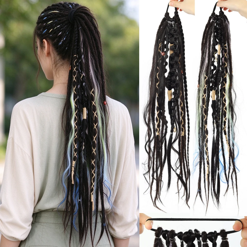 Boho Braided Dreadlock Ponytail Hair Extensions Synthetic Dreads with Beads Braid Hair for Women Daily Party Halloween Christmas
