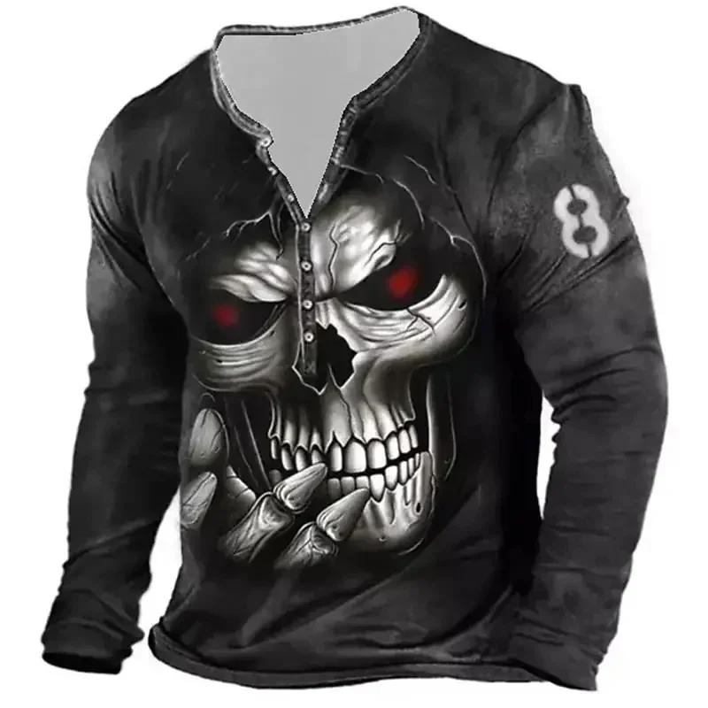 Retro Autumn Men\'s T-shirt Horror Skull Pattern Button T-shirt 3D Printing Long Sleeve V-neck T-shirt Oversized Men\'s Clothing