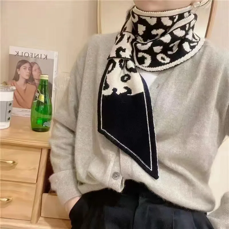 Warm Winter Knitted Neck Tie Checker Leopard Scarf for Women Houndstooth Zebra Pattern Neckerchief Skinny Small Lady Scarf 2024