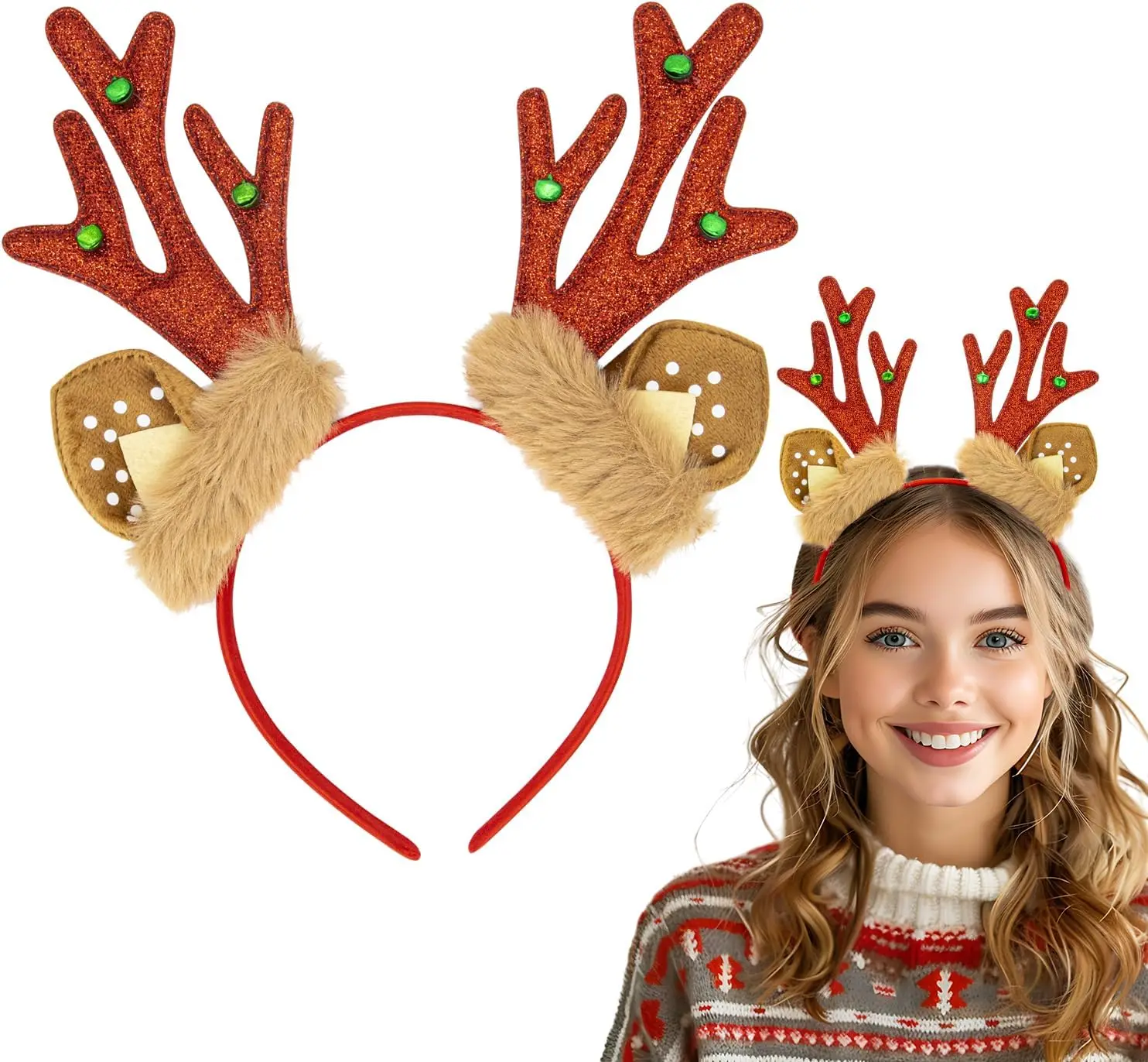 1개 크리스마스 순록 뿔 머리띠 반짝이는 인조 털 귀, 여성 및 소녀들을 위한 축제 파티 헤어 액세서리