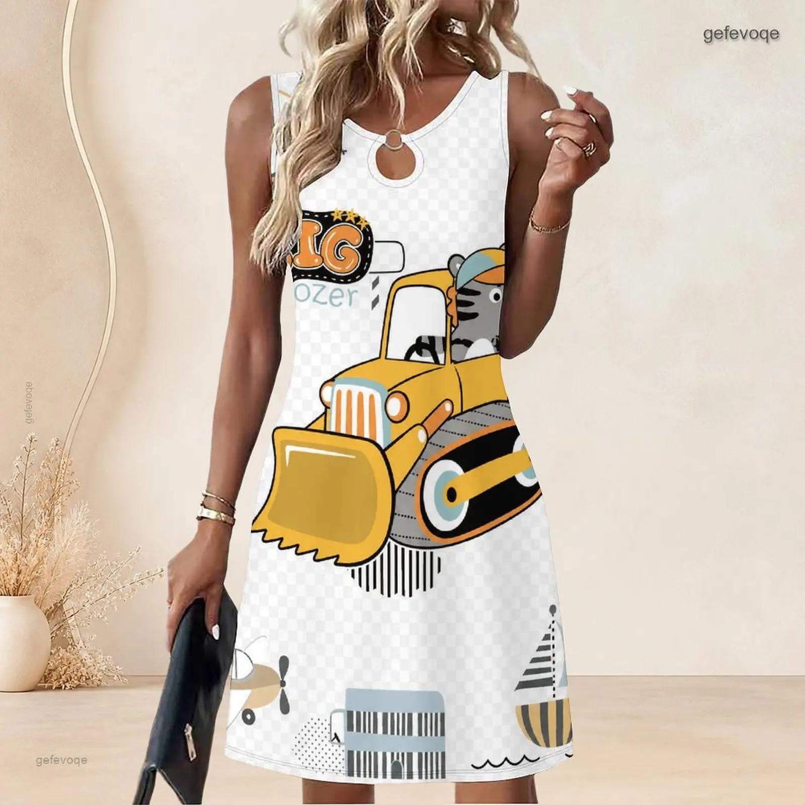 Women Sleeveless A Line Mini Dress O Ring Keyhole Neckline Loose Swing Short Dress Custom Print Ladies Casual Daily Dress
