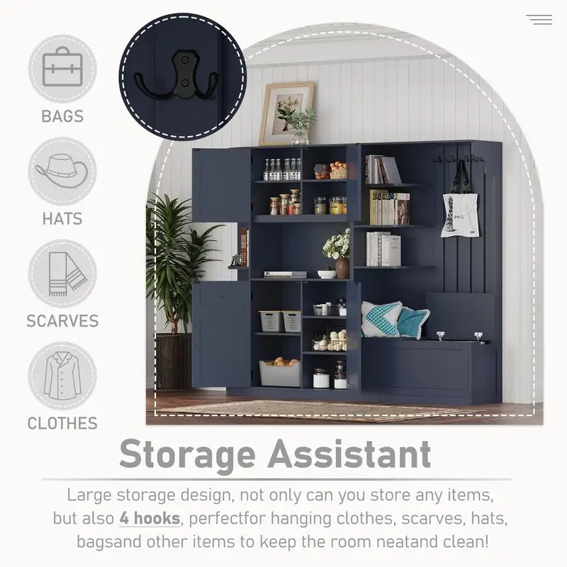 Многофункциональный шкаф для прихожей с местом для хранения вещей и 4 крючками, дерево для прихожей 2 в 1 для гостиной, кухни и прихожей, античный синий цвет