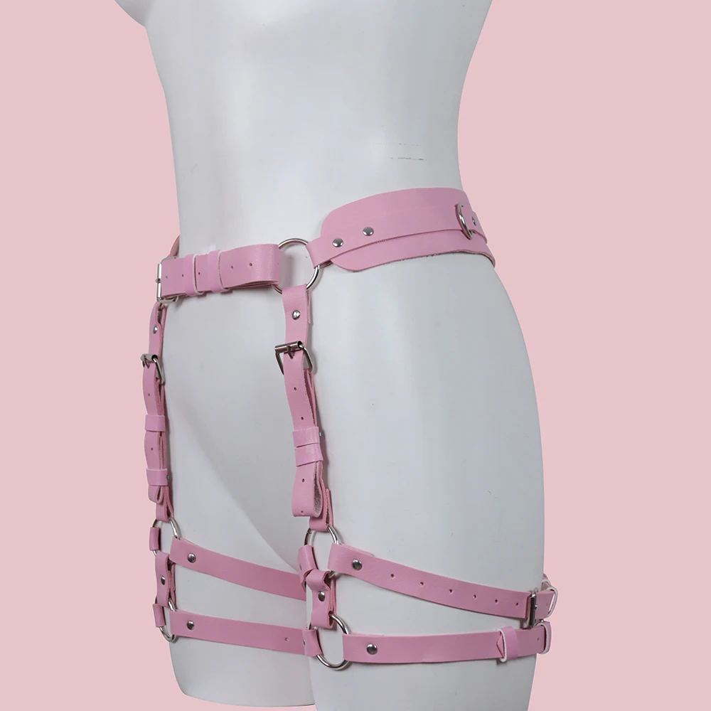 PINK Leather Cage Gothic Garter Belt Body Straps Lingerie Women Suspenders Harajuku Body Bondage Thigh Harness Stockings Goth