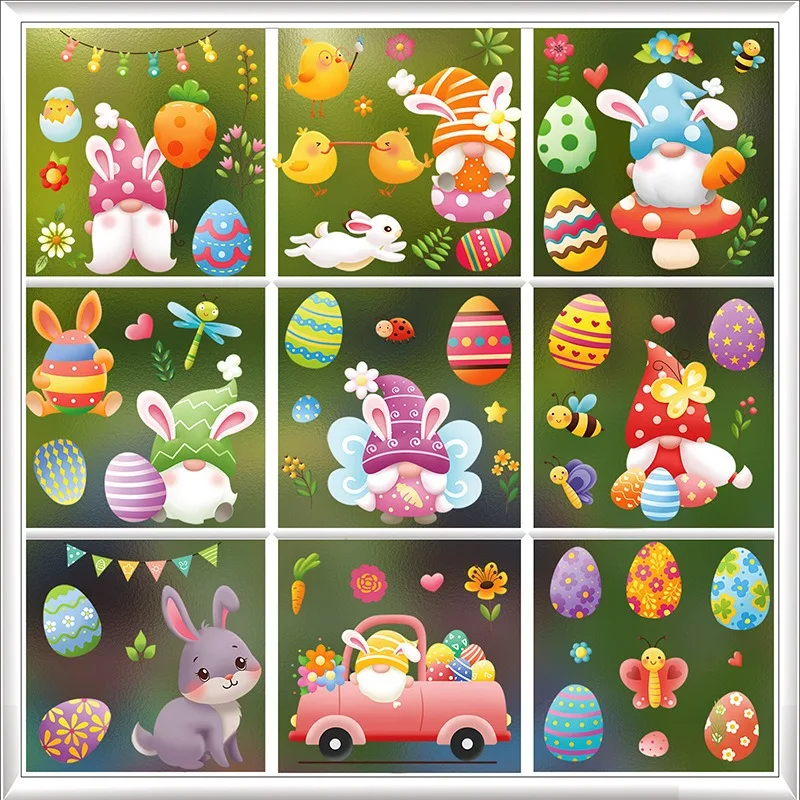 

Easter Bunny Egg Stickers Cute Cartoon Wall Decals Static Cling Window Decorations for Home Party Holiday Supplies