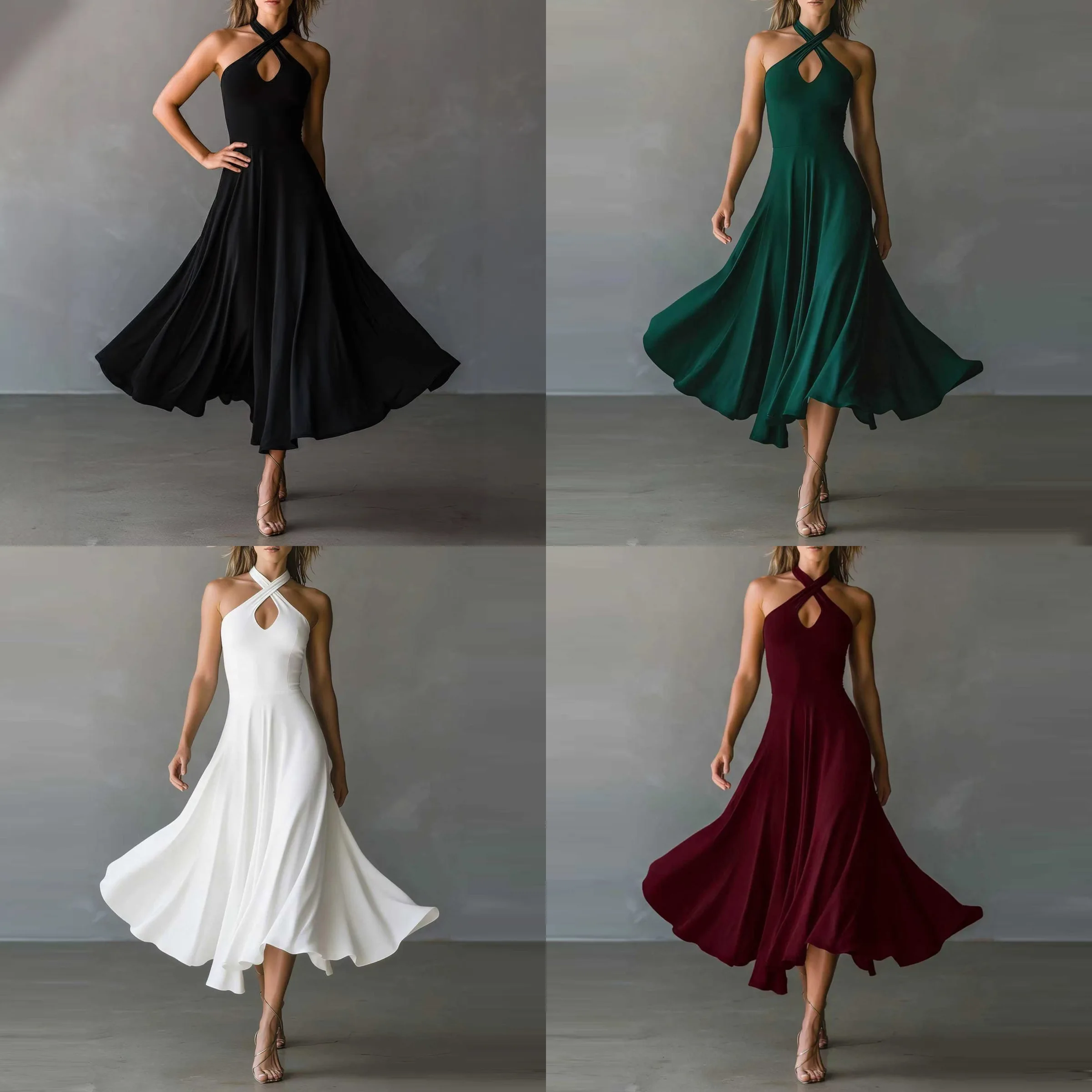 Women Halter Neck Dress Black Keyhole Long Dress Spring Summer Elegant Retro Matching Set Jumpsuit Playsuit Evening Dress