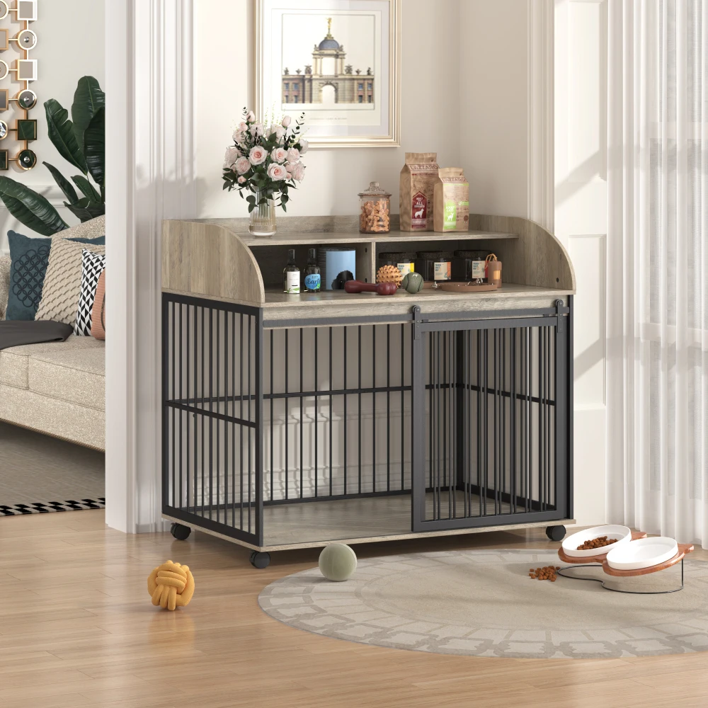 

GO 44'' Heavy Duty Large Dog Crate Furniture for Large Medium Dog with Lockable Wheels Wooden Dog Crate Dog