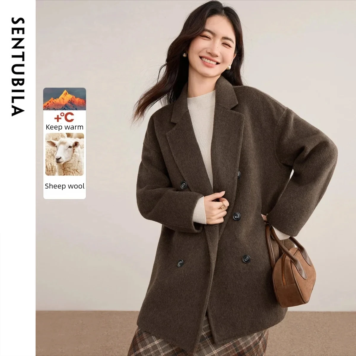 

SENTUBILA Woolen Coats for Woman 2025 Winter Jackets Notch Lapel Long Sleeve Loose Coat Casual Style Women's Clothing W54OA8768