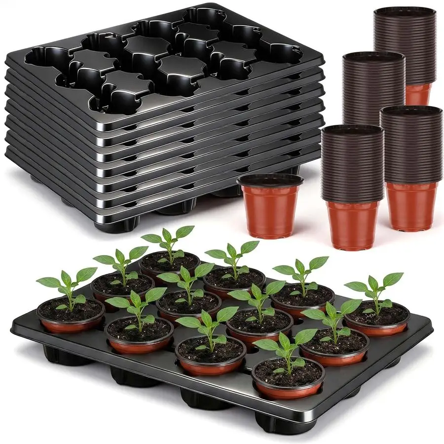 

96 шт. 4-дюймовых горшков для рассады и 8 шт. многоразовых пластиковых поддонов для рассады на 12 ячеек, толстые и прочные, для проращивания семян и переноски.