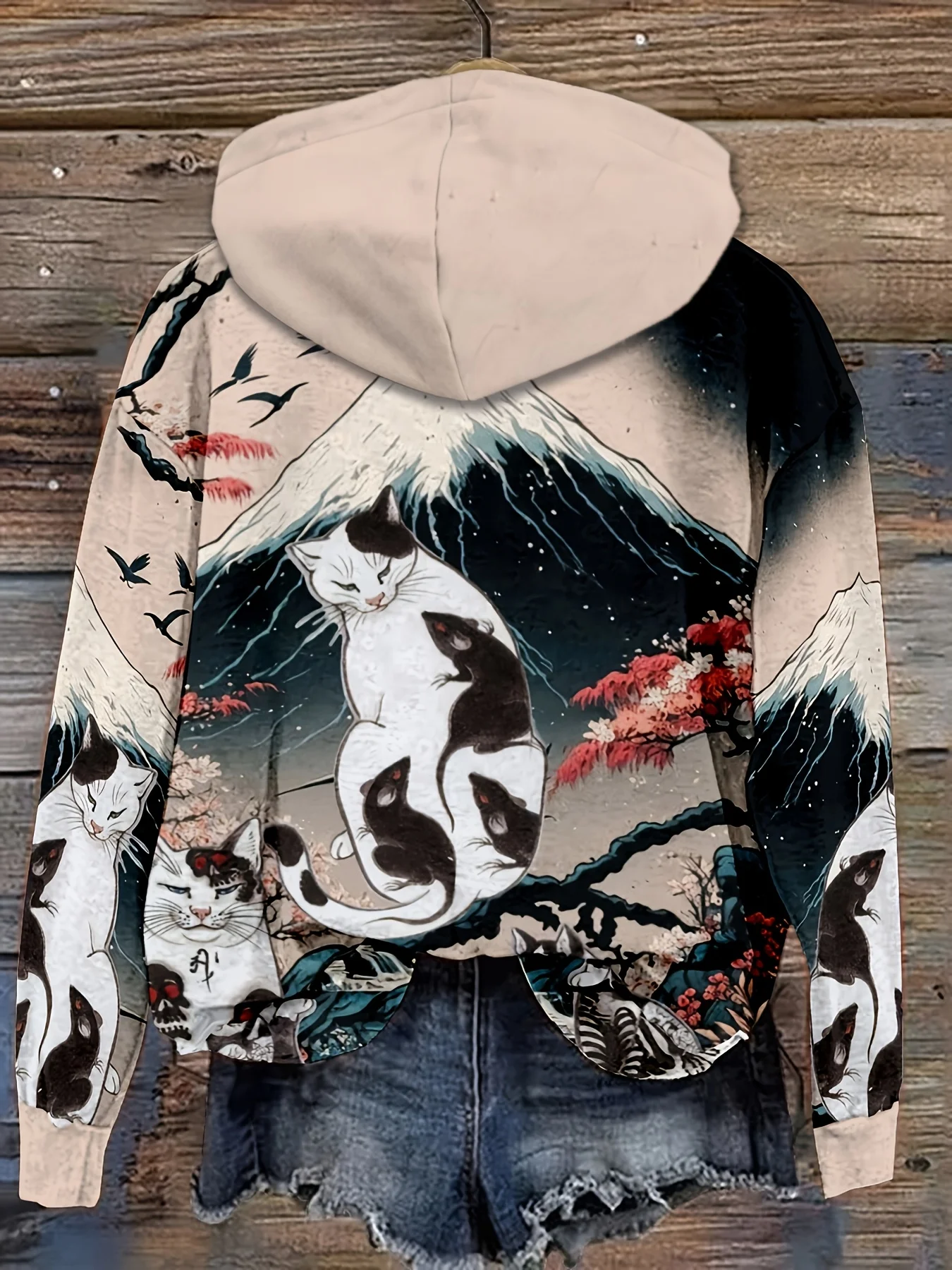 PLstar Cosmos 3D Printed Japanese Wave Cat Pattern Women's Casual Hoodie