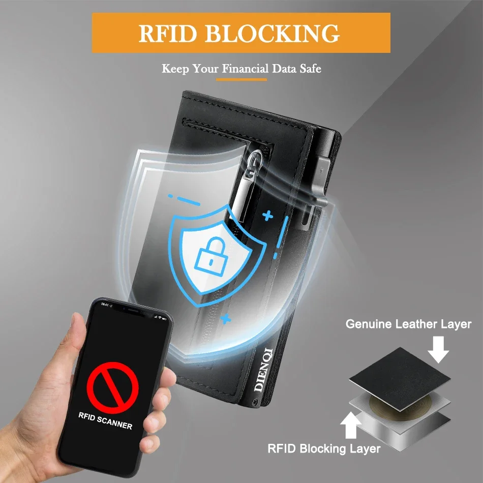 Portfel RFID z prawdziwej skóry bydlęcej, magnetyczny, skórzany, wysuwany, na karty kredytowe i bankowe, czarny, inteligentny portfel męski.