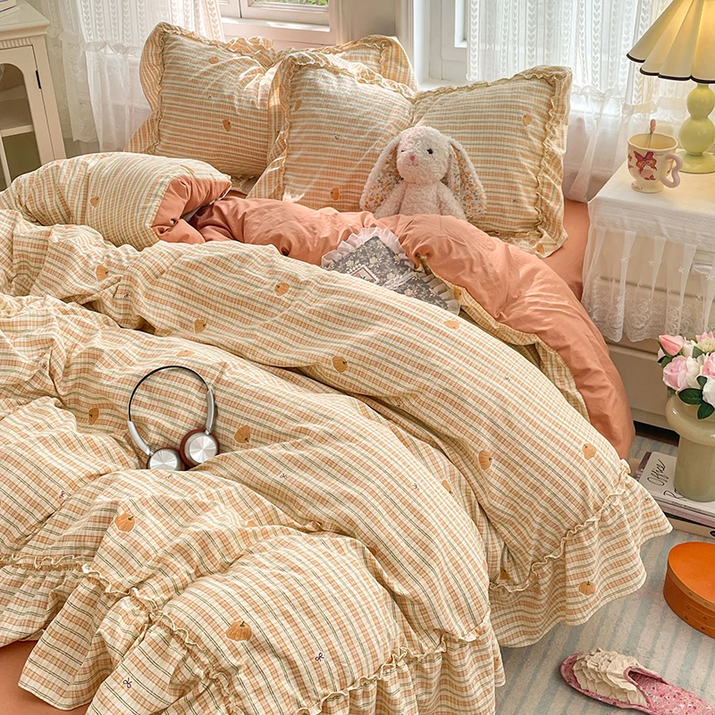Pumpkin Striped Printed Duvet Cover with Lace Single/Queen/King Size Quilt Cover with Ruffles Funda Edredón 220x240 이불 커버