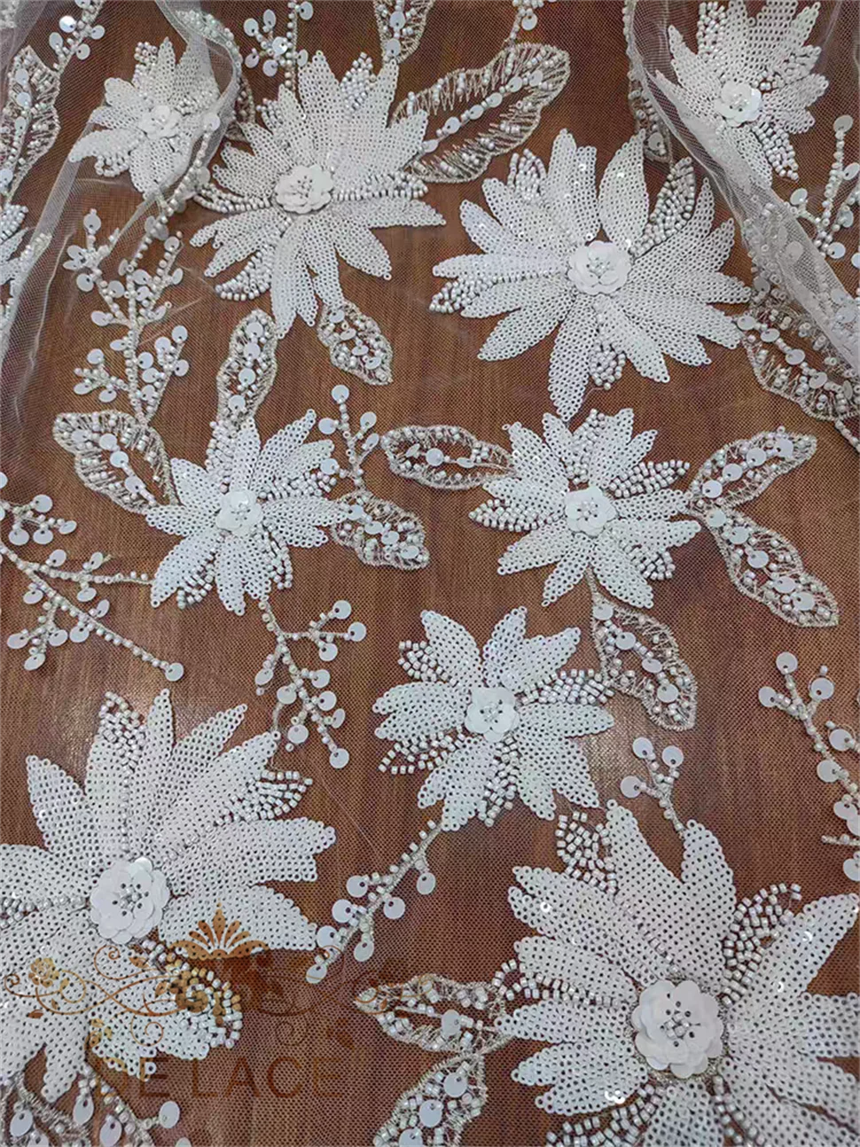 Изысканные цветы с блестками, кружевная тяжелая ткань из бисера, кружевная ткань с цветочным узором для свадебного платья