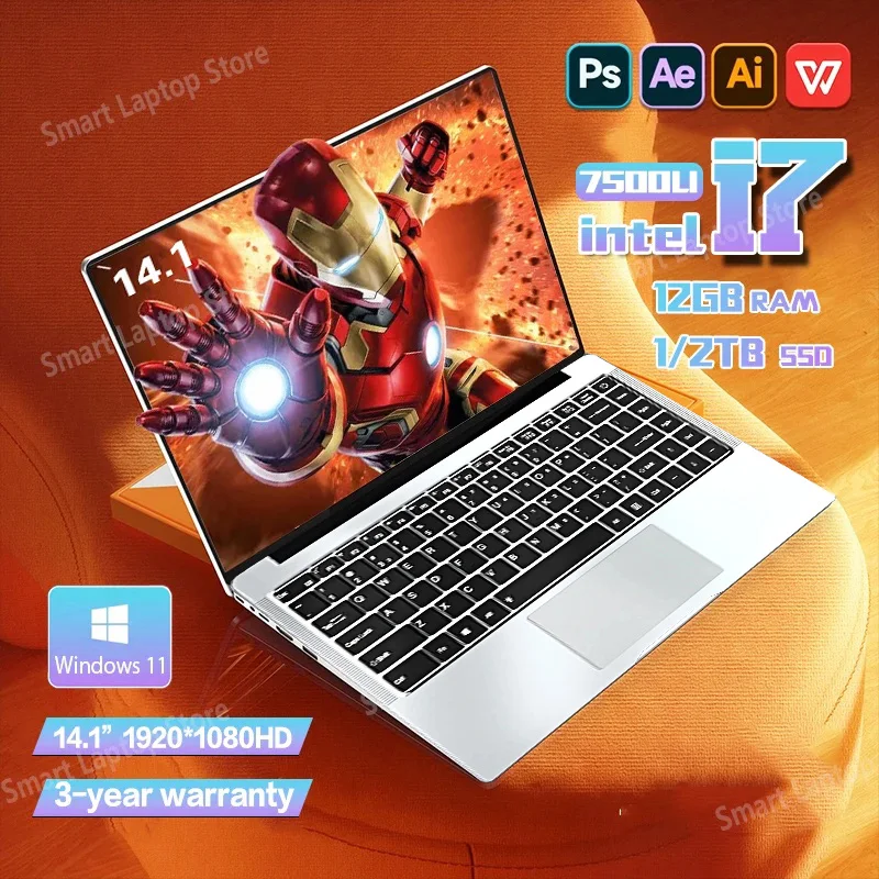 2025 Gaming Laptop Computer Pc Gamer Intel Core I7 7500U Home Notebook Netbook 14.1" Ultra Slim Office Study Laptops Windows 11