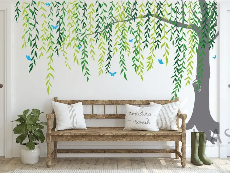 Weeping Willow Wall decals, Hanging Vines Willow Leaf Wall Decals, Green Plants Wicker Wall Sticker DIY Removable Willows Tree W