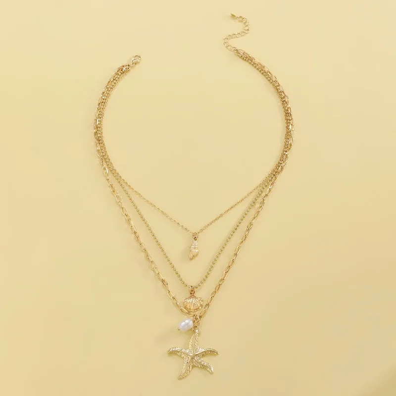 Fashionable Three-layer Pearl Starfish Shell Pendant Necklace for Women Trendy Summer Ocean Beach Party Jewelry Accessories