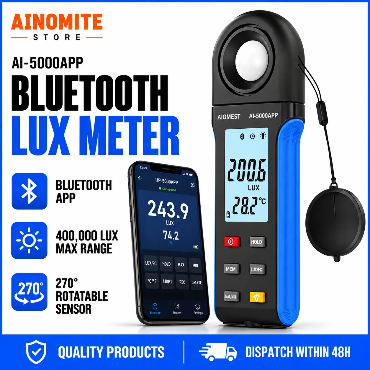 Light Illuminance Meter w/Bluetooth,Foot Candle Gauge 400,000 Lux Data Logging, 270° Rotated Sensor, Luxmeter W/ Temperature
