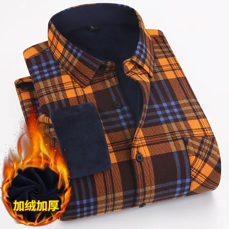 American size men\'s shirt long sleeve plus fleece thickening warm autumn and winter high quality non-ironing plaid large size