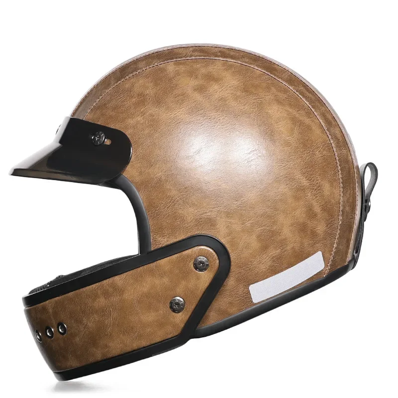 Retro Helmet Leather Lining Motorcycle Full Helmet Removable Chin Vespa Locomotive Men Women Lightweight Small Shell Capacete