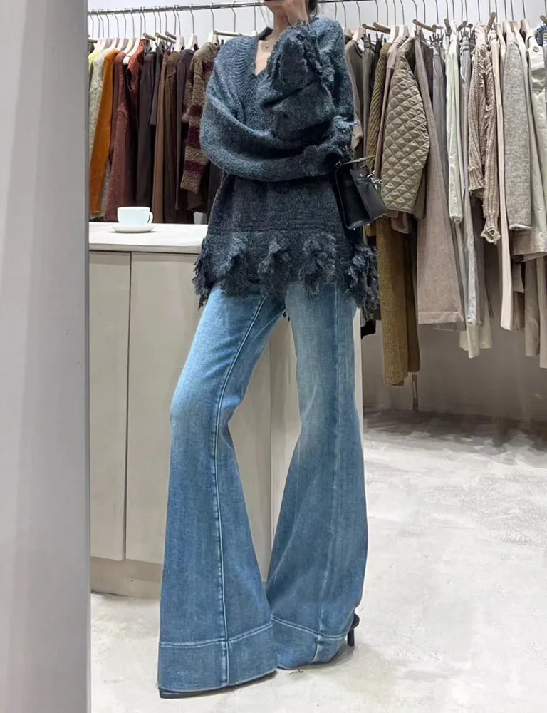 

Джинсы женские с высокой талией, удлиненные, в американском ретро-стиле, синие, микро-клеш, летние, длинные в пол, облегающие, до щиколотки