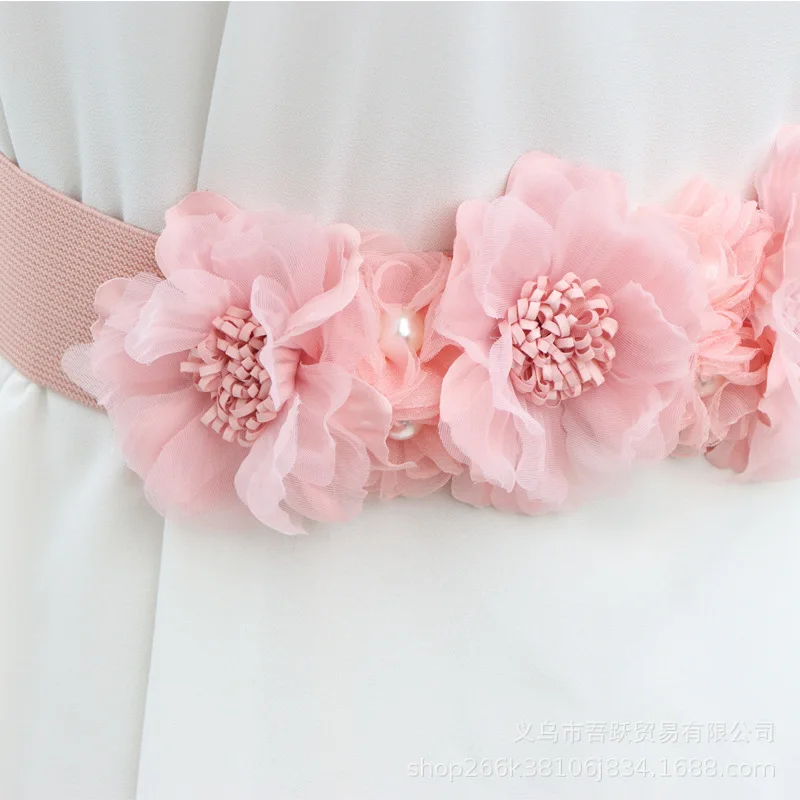 Korean Style Small Flower Wide Waist Belt Summer Sweet Cover All Match Skirt Pink Women Fashion Handmade Accessories