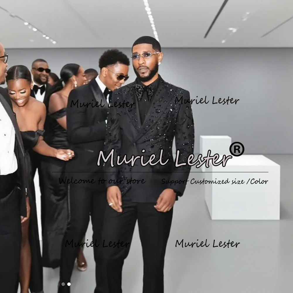 

Блестящие костюмы с камнями из бисера, мужские комплекты из 2 предметов, двубортные смокинги для выпускного вечера, индивидуальный мужской пиджак для официальной вечеринки, костюм Homme