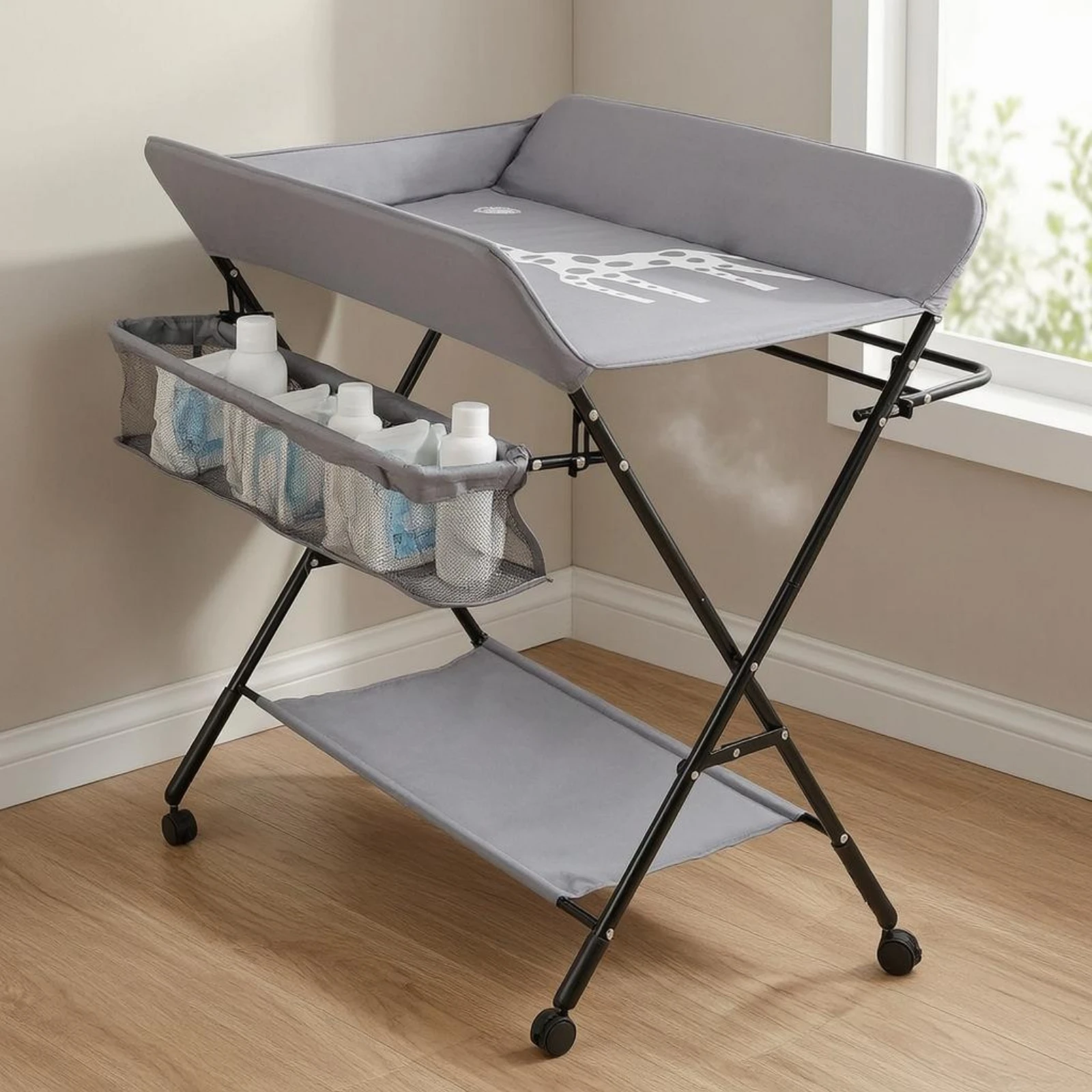 adjustable-height-changing-table-textile-shelf-foldable-changing-table-wheeled