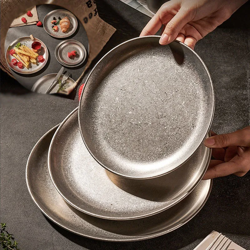 304 Stainless Steel Plates Industrial Style Vintage Coffee Trays Creative Steak Pasta Dessert Plates Flat Bottom Retro Tableware