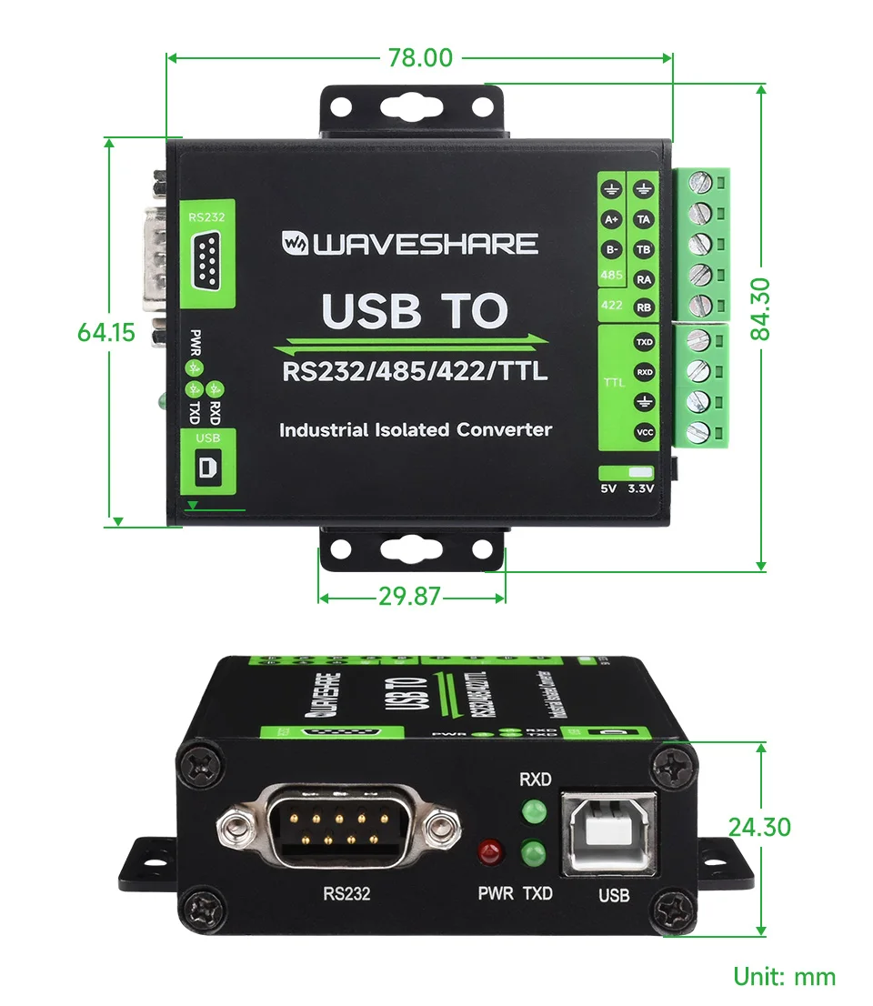

New 5V USB-B Waveshare FT232RNL USB TO RS232/485/422/TTL Interface Converter, Industrial Isolation, Multi-OS Compatible