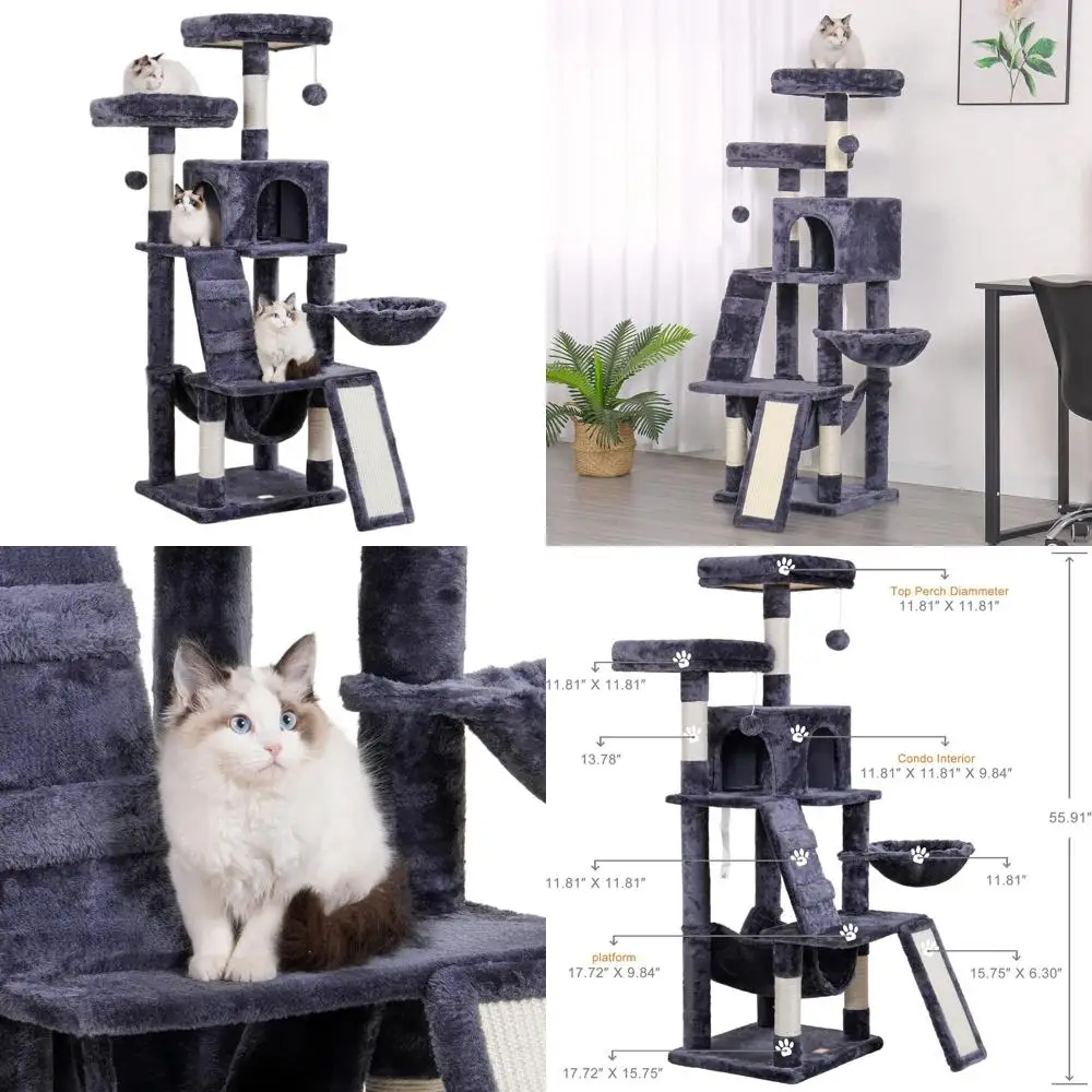 

Indoor Cat Tower - Multi-Level Furniture with Plush Perch, Basket, and Scratching Board, Smoky Gray