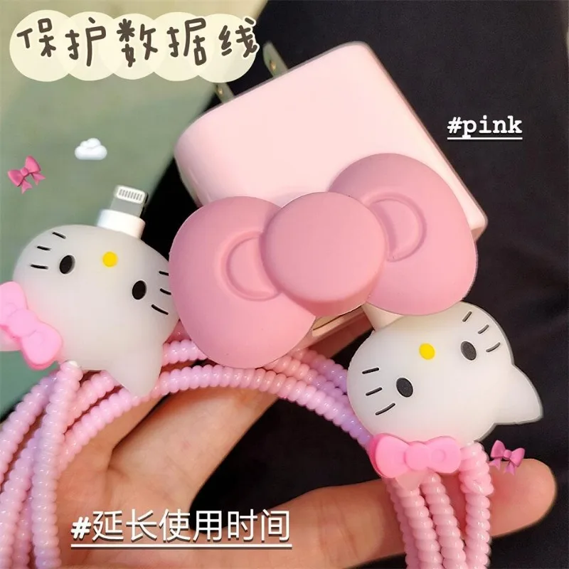 Sanrio Bow Hello Kitty Kawaii Data Cable Protective Cover Apple 14promax suitable for iPhone13 charger case 15 anti-breakage