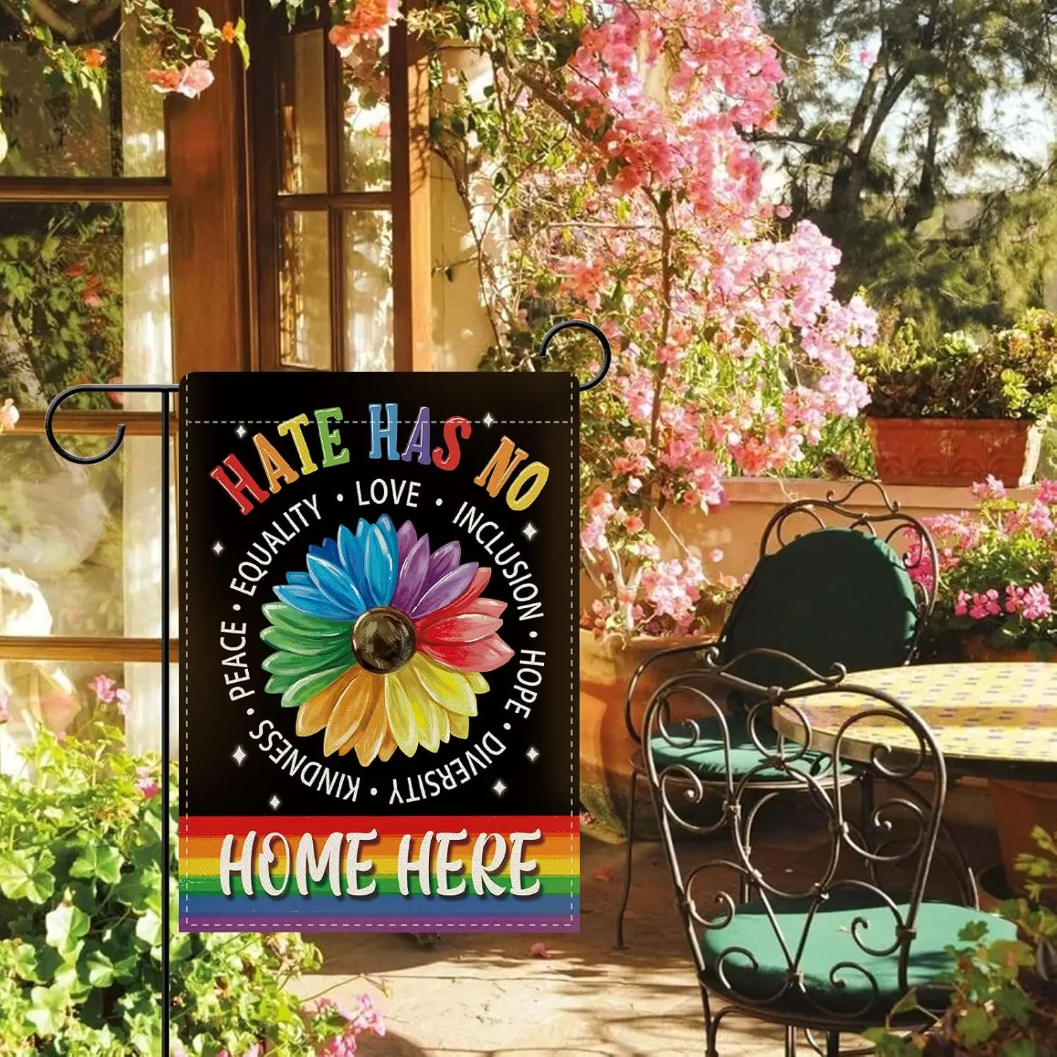 Dyrenson Hate Has No Home Here Decorative Garden Flag, Rainbow Sunflower Equality Love Inclusion Yard Outside Home Decoratio GGO