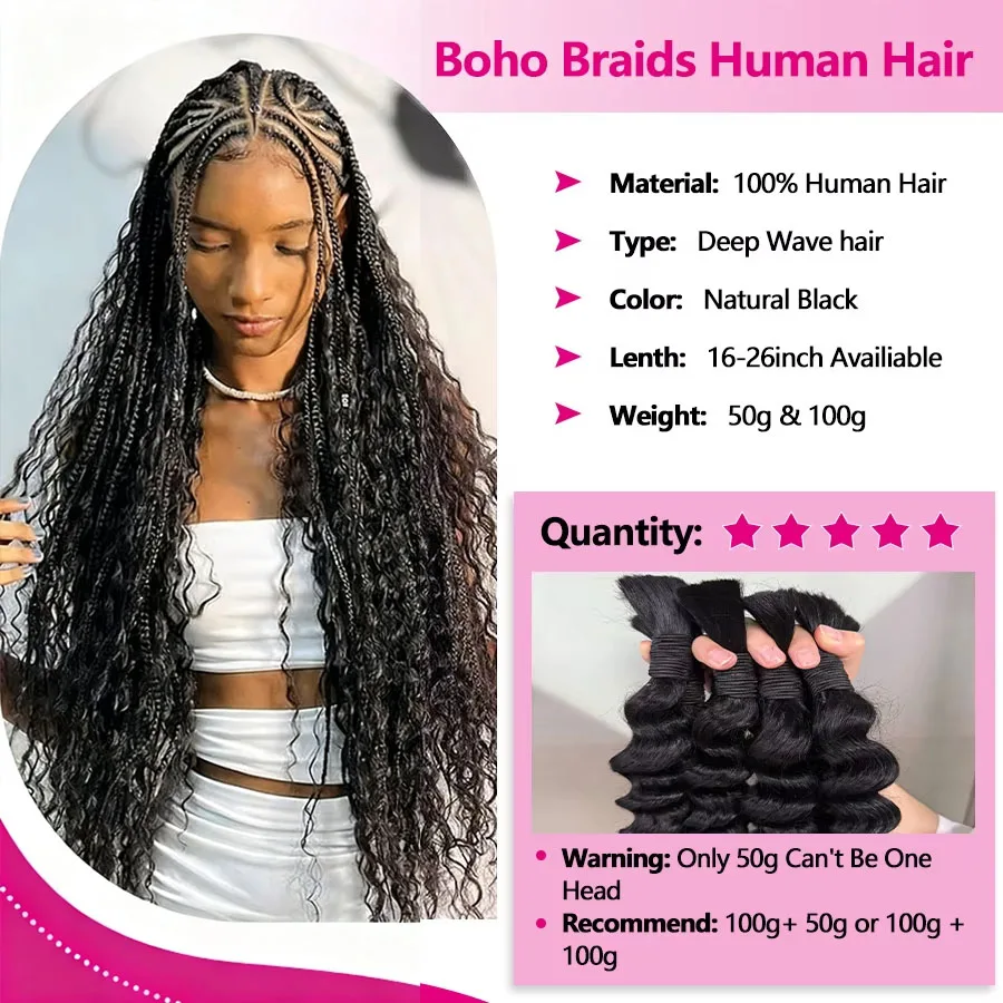 Boho tranças de cabelo humano onda profunda cabelo humano trança cabelo 14-24 Polegada pacotes de cabelo humano em massa 50g/100g culry crochê cabelo humano