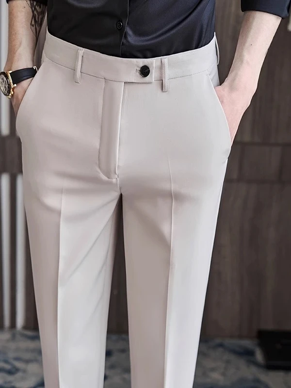 

Летние мужские брюки из ледяного шелка, облегающие, в корейском стиле, тонкие, повседневные, укороченные, свободного кроя, молодежные, модные