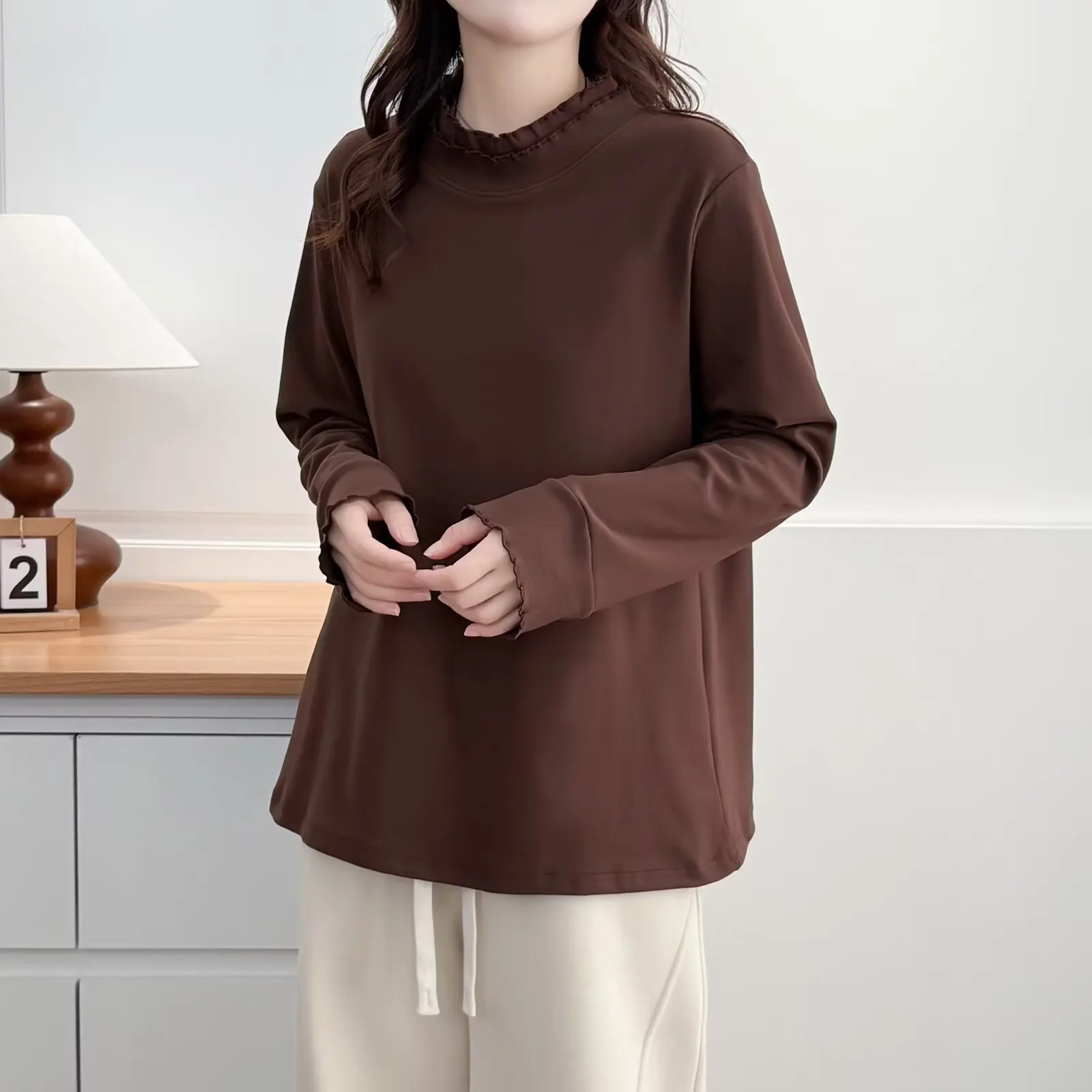 XXXXL موضة حجم كبير تي شيرت المرأة الخريف الشتاء أنيق مزدوج تكدرت طوق كم طويل دي المخملية الدافئة قاعدة القمم 2587 #1