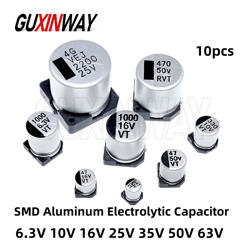 10PCS SMD Aluminum Electrolytic Capacitor 6.3V 10V 16V 25V 35V 50V 1UF 2.2UF 10UF 22UF 47UF 100UF 220UF 470UF 1000UF