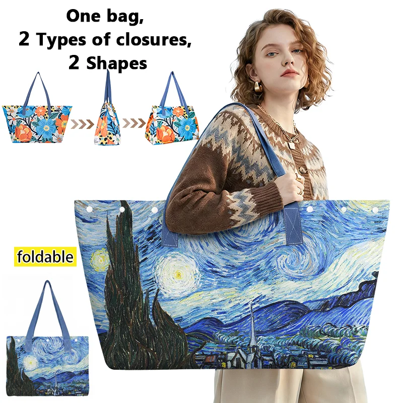 

Oil Painting Starry Night / Blossoming Almond Tree Foldable Casual Tote Van Gogh Women Handbag Large Capacity Shoulder Beach Bag