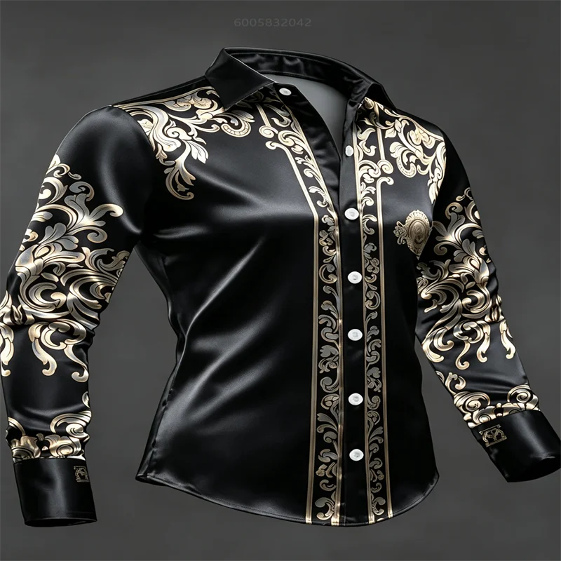Men Silky Satin Button‑Down Shirt Retro Golden Baroque Scroll Pattern Long Sleeve Turn‑Down Collar Male Party Business Casual To