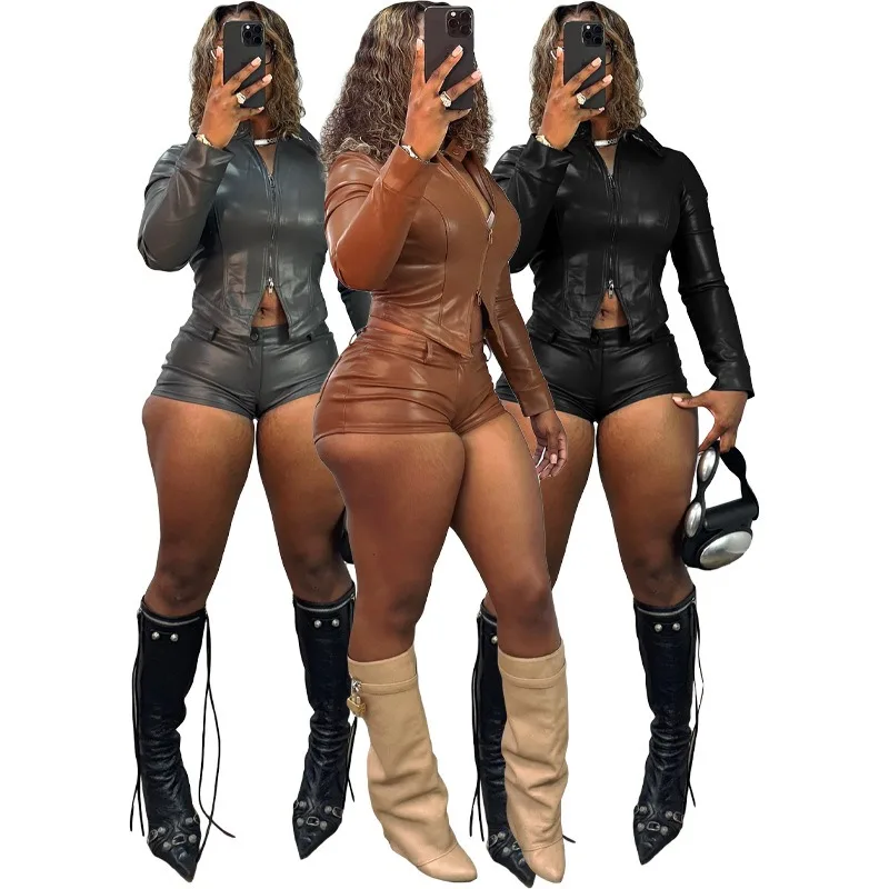 PUレザー レディース ツーピースセット ジップフライ クロップジャケット スキニーショーツ マッチングセット 2025 秋冬新作 ストリートウェア セクシーな服装